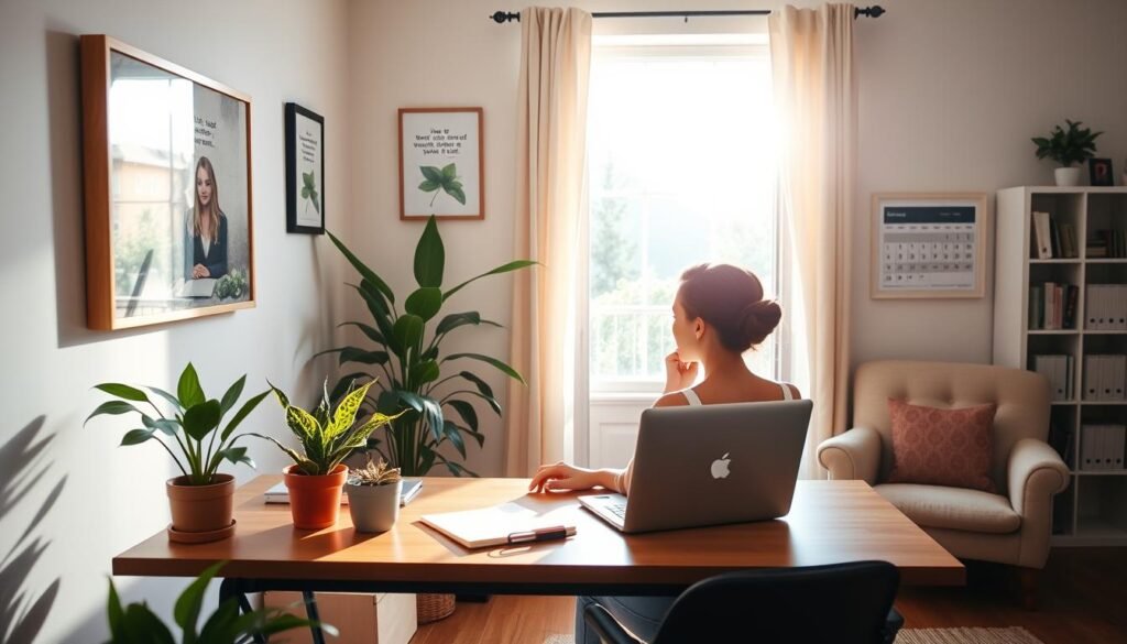 A vibrant, well-lit home office setting showcasing the benefits and challenges of remote work for women. In the foreground, a woman sits comfortably at her desk, a laptop and notebook before her, along with a potted plant and a framed inspirational quote on the wall. The middle ground features a window overlooking a peaceful outdoor scene, allowing natural light to flood the space. In the background, subtle hints of domestic life - a cozy armchair, a bookshelf, and a wall-mounted calendar - creating a sense of balance between productivity and personal life. The overall mood is one of focus, serenity, and the duality of the remote work experience.