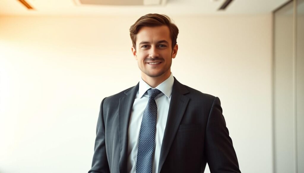 A well-dressed professional standing confidently in an office setting, preparing for a job interview. Warm, natural lighting illuminates their face, conveying an air of poise and determination. The background features a minimalist, modern office environment, with clean lines and subtle textures to create a sense of focus and purpose. The subject's attire is carefully selected, with a tailored suit, crisp shirt, and a subtly patterned tie, projecting an image of competence and attention to detail. The pose is relaxed yet alert, conveying a sense of readiness and anticipation for the upcoming interview.