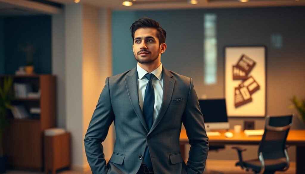 A well-dressed professional standing confidently, preparing for a salary negotiation. The scene takes place in a modern office, with a sleek desk, ergonomic chair, and tasteful decor. Warm, directional lighting highlights the subject's face, conveying a sense of focus and determination. The subject's posture is upright, exuding an air of poise and self-assurance. The background is blurred, keeping the attention on the individual and their mental preparation for the upcoming discussion. An atmosphere of anticipation and careful planning permeates the image, reflecting the importance of this career-defining moment.