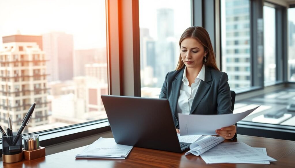 A well-lit business office interior, with a large window overlooking a vibrant cityscape in the background. In the foreground, a businesswoman in a professional suit is seated at a wooden desk, reviewing documents and financial reports. On the desk are a laptop, a pen holder, and a stack of government grant application forms. The overall atmosphere is one of focus, determination, and the promise of new opportunities for growth and success.