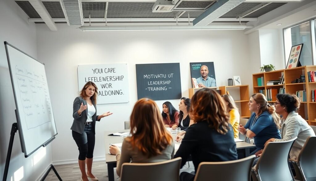 A well-lit classroom setting with a diverse group of professional women engaged in an interactive leadership training session. The foreground features a female instructor gesturing animatedly while presenting on a large whiteboard. In the middle ground, the trainees sit around a conference table, leaning in and taking notes. The background showcases motivational leadership-themed artwork and bookshelves. The overall atmosphere conveys a sense of empowerment, collaboration, and knowledge-sharing.