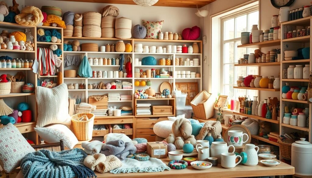A well-lit, cozy studio space filled with an array of colorful handmade craft supplies and tools. In the foreground, a wooden table showcases an assortment of handcrafted items, such as knitted scarves, embroidered pillows, and ceramic mugs. Shelves on the walls display a variety of neatly organized materials, including skeins of yarn, spools of thread, and jars of beads. Soft, natural lighting filters in through a large window, casting a warm glow over the scene. The overall atmosphere conveys a sense of creativity, productivity, and the potential for a thriving craft-based side business.