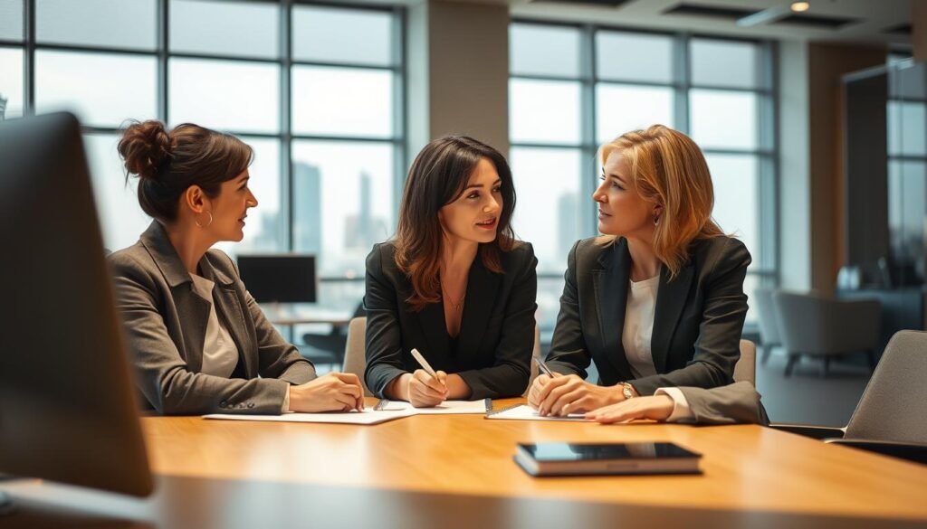 A well-lit, detailed scene depicting two professional women in a business setting, engaged in a thoughtful discussion. The foreground shows the women sitting at a table, leaning in towards each other, their body language suggesting an earnest, constructive dialogue. The middle ground includes modern office furnishings, while the background features a large window overlooking a cityscape, creating a sense of scale and context. The lighting is warm and natural, highlighting the women's faces and conveying a mood of collaboration and problem-solving. The scene should evoke a sense of gender-specific negotiation strategies being explored and navigated with skill and confidence.