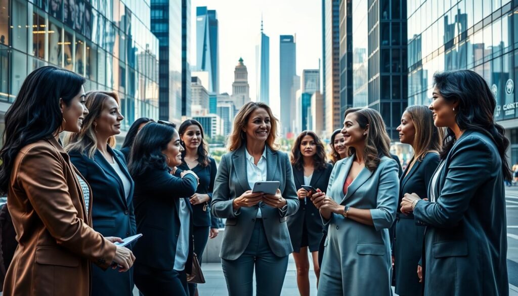 A well-lit, dynamic scene depicting female entrepreneurs and business leaders in an urban setting. The foreground features a diverse group of confident, determined women engaged in animated discussions, negotiating deals, and exchanging ideas. The middle ground showcases state-of-the-art office spaces and co-working hubs, reflecting the modern, technology-driven nature of their ventures. In the background, a bustling cityscape with skyscrapers and vibrant street life symbolizes the thriving economic ecosystem that empowers and supports these women's entrepreneurial journeys. The overall tone evokes a sense of empowerment, collaboration, and the collective momentum of women breaking barriers in the business world.