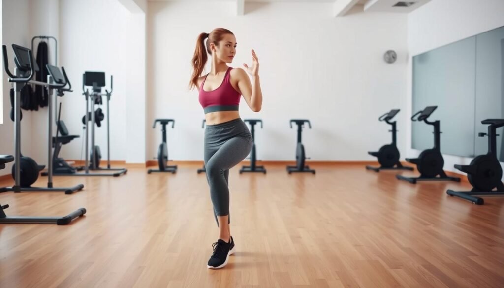 A well-lit fitness studio filled with exercise equipment, with a woman in the foreground demonstrating various lunge variations. She is wearing activewear and her movements are captured mid-stride, showcasing different leg positions. The background features clean, minimalist walls and a wooden floor, creating a serene, focused environment. The lighting is soft and natural, highlighting the subject's form and the details of the exercise. The overall atmosphere is one of controlled, purposeful movement, emphasizing the importance of these leg-strengthening exercises for fitness.
