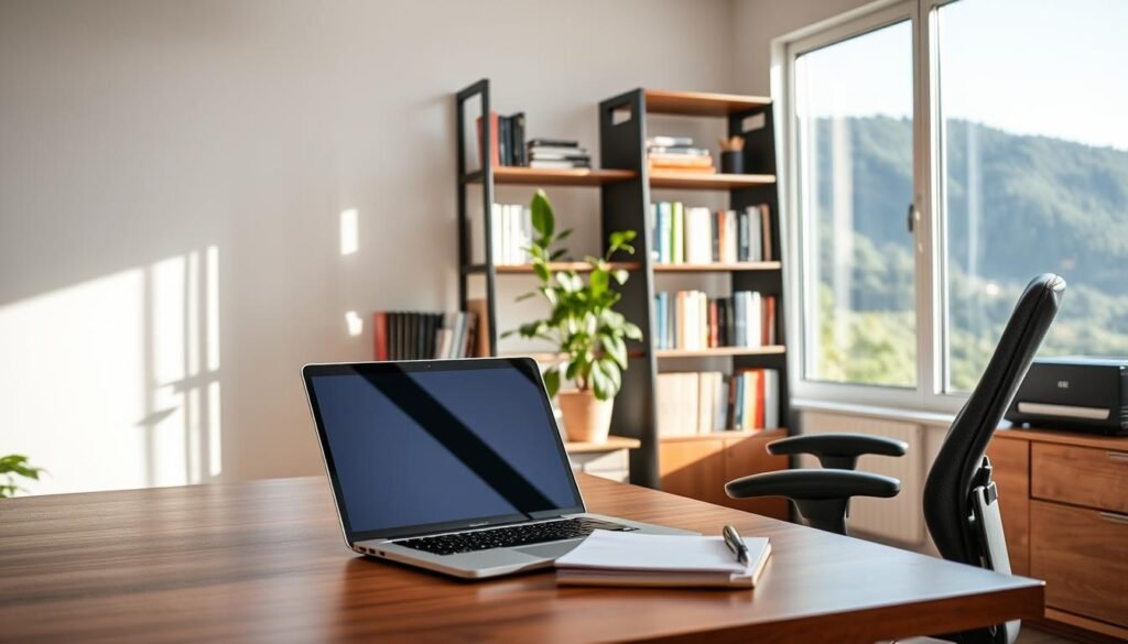 A well-lit home office interior with a laptop, notepad, and ergonomic desk chair in the foreground. In the middle ground, a bookshelf filled with productivity books and a potted plant. The background features a large window overlooking a serene natural landscape, creating a calming and focused atmosphere. The image conveys the essential skills for remote work: organization, communication, time management, and a work-life balance.