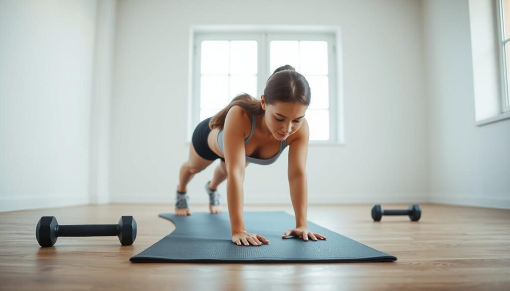A well-lit indoor scene depicting a simple home gym setting. In the foreground, a young woman performs a push-up, her form and posture perfect. In the middle ground, a yoga mat and a pair of dumbbells suggest a variety of bodyweight exercises. The background features a minimalist room with clean white walls, natural lighting filtering in through a large window. The overall atmosphere is serene and inviting, encouraging the viewer to join in the workout. The image conveys a sense of accessibility and approachability for beginner fitness enthusiasts.