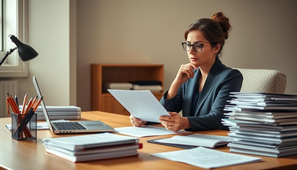 A well-lit, meticulously organized desk showcases the essential tools for grant application preparation: a laptop, stacks of reference materials, a pen holder, and a neatly arranged array of documents. A thoughtful woman in professional attire sits focused, diligently reviewing application guidelines and crafting a compelling narrative. The room is bathed in a warm, productive atmosphere, conveying the dedication and attention to detail required to secure vital funding for a women-led venture. Soft, directional lighting casts subtle shadows, emphasizing the gravity of the task at hand. This image captures the strategic planning and careful execution needed to successfully navigate the grant application process.