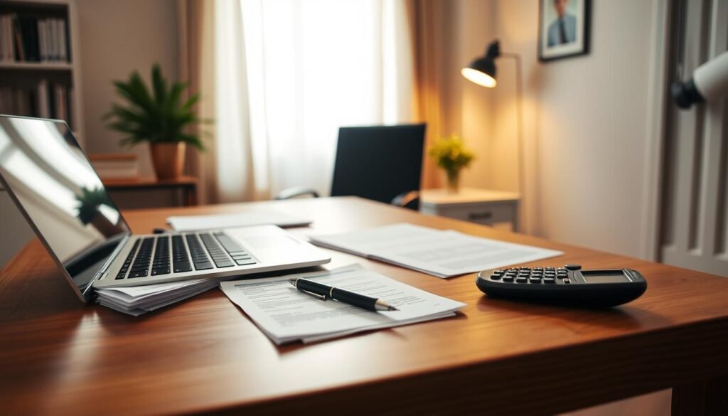 A well-lit, modern home office with a wooden desk, a laptop, a stack of papers, a pen, and a calculator. The desk is neatly organized, suggesting a focused and intentional approach to research and preparation. The lighting is warm and diffuse, creating a calm and productive atmosphere. The angle is slightly elevated, allowing the viewer to see the workspace from an empowered perspective. The background is subtly blurred, drawing the eye to the essential elements on the desk, symbolizing the importance of this preparatory step in salary negotiation.