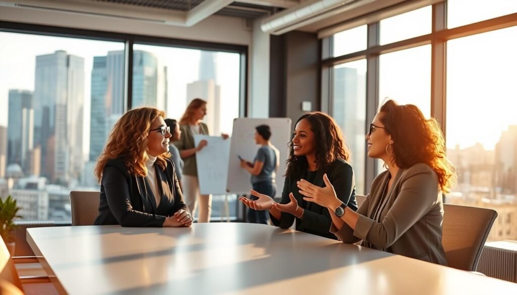 A well-lit, professional office setting with a diverse group of women engaged in a mentorship session. In the foreground, two women sit at a modern conference table, leaning in and gesturing animatedly as they discuss career strategies. In the middle ground, a small group gathers around a whiteboard, brainstorming ideas. The background features large windows overlooking a vibrant cityscape, bathed in warm, natural light. The overall atmosphere conveys a sense of collaboration, growth, and the organizational benefits of women supporting each other's professional development through mentorship.