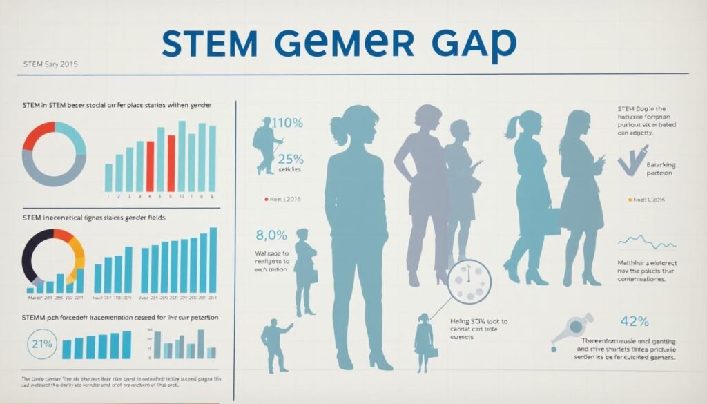 A well-lit, scientific infographic depicting STEM gender gap statistics. In the foreground, a set of clear, data-driven charts and graphs showcasing the disparities in STEM education and careers between genders. The middle ground features diverse, inclusive silhouettes of people in STEM fields, highlighting the need for greater representation. The background is a soft, neutral tone with subtle grid patterns, conveying a sense of analytical precision. The overall tone is informative and thought-provoking, aiming to raise awareness about the importance of closing the STEM gender gap. A well-lit, scientific infographic depicting STEM gender gap statistics. In the foreground, a set of clear, data-driven charts and graphs showcasing the disparities in STEM education and careers between genders. The middle ground features diverse, inclusive silhouettes of people in STEM fields, highlighting the need for greater representation. The background is a soft, neutral tone with subtle grid patterns, conveying a sense of analytical precision. The overall tone is informative and thought-provoking, aiming to raise awareness about the importance of closing the STEM gender gap.