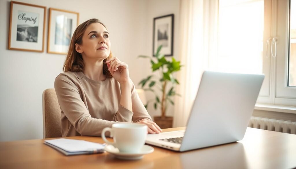 A woman sits at a neatly organized desk, her laptop and a cup of coffee in front of her. She looks up thoughtfully, her expression conveying a sense of careful consideration. The room is bathed in warm, natural light, creating a peaceful, serene atmosphere. In the background, a potted plant and framed artwork on the wall suggest a balanced, harmonious workspace. The scene evokes a sense of intentionality, where the woman has struck a thoughtful compromise between her professional and personal responsibilities.