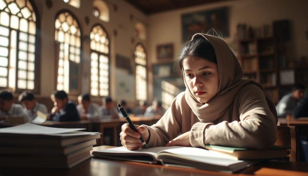 A young Rajaâ Cherkaoui El Moursli studies intently in a cozy Moroccan schoolroom, sunlight streaming through high windows onto her desk. Her face is focused, pen poised, surrounded by stacks of books and academic materials. In the background, other students can be seen engaged in their own studies, creating a sense of a vibrant educational environment. The scene conveys Rajaâ's early passion for physics and her dedication to her studies, laying the foundation for her future accomplishments as a renowned Moroccan physicist.