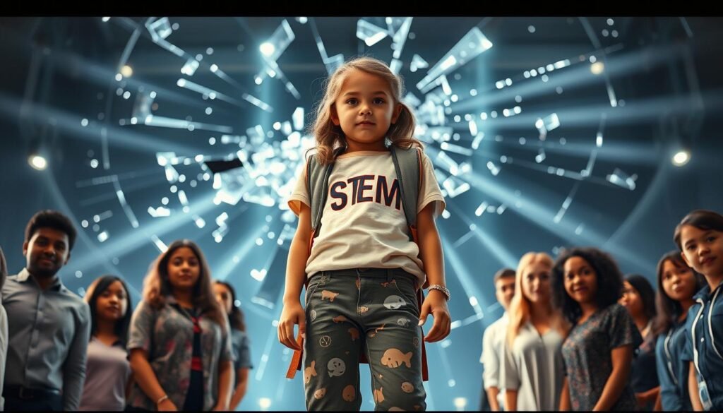 A young girl in a STEM-themed outfit standing confidently on a raised platform, surrounded by a diverse group of her peers. In the background, a shattered glass ceiling symbolizes the barriers she has overcome, illuminated by beams of light representing the knowledge and opportunities available to her. The scene conveys a sense of empowerment, unity, and the boundless potential of girls in STEM fields, captured with a cinematic, high-contrast lighting setup and a slightly low camera angle to emphasize the subject's determination and ambition. A young girl in a STEM-themed outfit standing confidently on a raised platform, surrounded by a diverse group of her peers. In the background, a shattered glass ceiling symbolizes the barriers she has overcome, illuminated by beams of light representing the knowledge and opportunities available to her. The scene conveys a sense of empowerment, unity, and the boundless potential of girls in STEM fields, captured with a cinematic, high-contrast lighting setup and a slightly low camera angle to emphasize the subject's determination and ambition.
