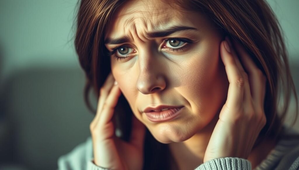 Detailed portrait of a woman expressing symptoms of stress, with a thoughtful, worried expression on her face. Soft, muted color palette with warm lighting from the side, creating shadows and highlights that accentuate the facial features. Middle ground shows the woman's upper body, with her hands gently placed on her temples, conveying a sense of tension and emotional strain. Blurred, hazy background suggests a calm, introspective environment, allowing the viewer to focus on the woman's internal experience. Overall, the image aims to convey the unique emotional and physical impact of stress on women in a sensitive, empathetic manner.