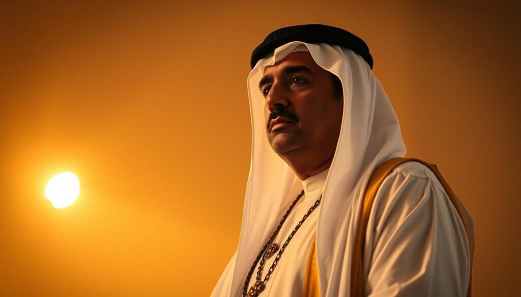 Dignified Qatari leader standing tall, dressed in traditional thobe and bisht, radiating an aura of authority and wisdom. Warm, soft lighting illuminates the scene, casting a serene, regal ambiance. The composition places the subject in the center, gazing contemplatively with a pensive expression. Subtle details, such as ornate accessories and a distinguished posture, convey the individual's stature and influence within the Qatar Foundation. The background is subtly blurred, allowing the leader to be the focal point, commanding attention and commanding respect.