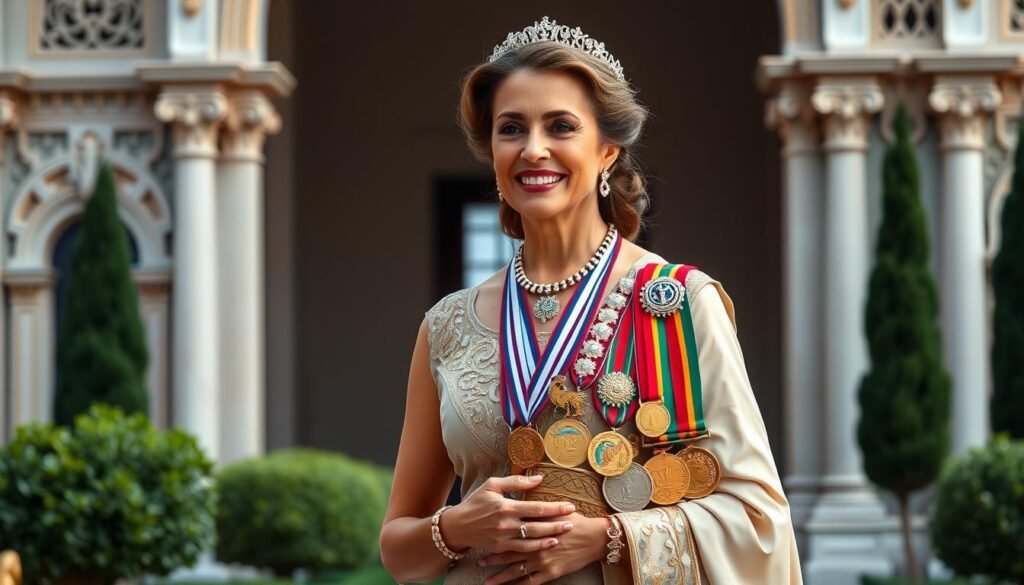 Elegant formal portrait of Queen Rania of Jordan, adorned in a regal gown, standing before a backdrop of intricate palace architecture and lush greenery. Her posture is poised and confident, with a warm, benevolent expression as she holds an array of gleaming medals and awards, symbols of her humanitarian work and global influence. Soft, directional lighting casts a gentle, dignified glow, highlighting the details of her regalia and the thoughtful gravity of her demeanor. The overall atmosphere conveys a sense of grace, compassion, and the queen's tireless dedication to improving lives.