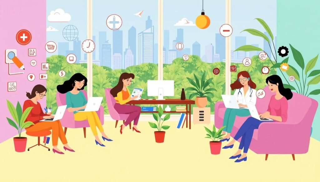 Prompt A vibrant and colorful illustration depicting a variety of remote job opportunities for women working from home. In the foreground, a diverse group of women engaged in various tasks - typing on laptops, video conferencing, graphic design, and online customer service. They are surrounded by icons and symbols representing different remote work fields such as tech, finance, healthcare, and e-commerce. The middle ground features a cozy home office setup with ergonomic furniture, potted plants, and natural lighting from large windows. In the background, a cityscape with skyscrapers and lush greenery suggests the flexibility and work-life balance of remote employment. The overall scene conveys a sense of productivity, empowerment, and the growing appeal of work-from-home jobs for women.