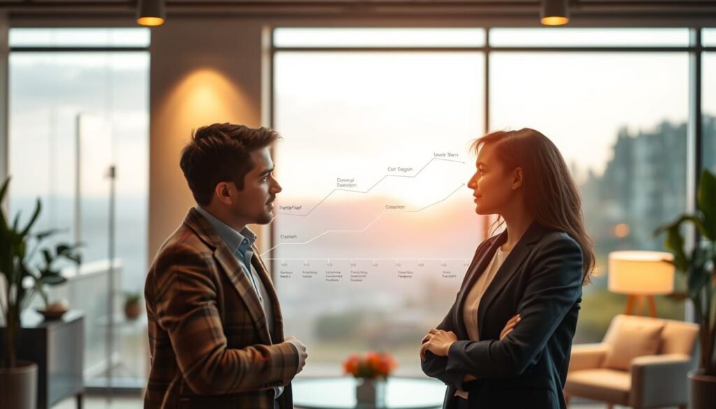 Structured mentorship program: A professional, organized framework of guidance and support. In the foreground, two individuals engaged in a thoughtful discussion, their body language conveying a sense of trust and connection. In the middle ground, a metaphorical roadmap or timeline, visualizing the progression of the mentorship journey. The background is a serene, inspirational setting, perhaps an elegant office or a tranquil outdoor space, evoking a mood of productivity and growth. Soft, warm lighting illuminates the scene, creating a welcoming atmosphere. The overall composition suggests a structured, yet personalized approach to mentorship, empowering individuals to navigate their professional development with care and intentionality.