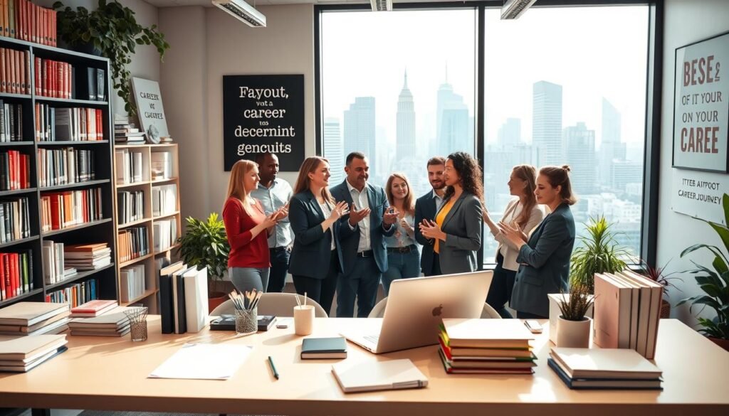 Vibrant and inviting office space filled with career development resources. In the foreground, a sleek desk with various productivity tools and a laptop. Behind it, bookshelves packed with career-oriented titles and folders. In the middle ground, a team of diverse professionals engaged in thoughtful discussions, gesturing animatedly. The background showcases a large window overlooking a bustling city skyline, bathing the scene in warm, natural light. Inspirational wall art and motivational quotes adorn the space, creating an atmosphere of growth and opportunity. The overall impression is one of a collaborative, modern workspace dedicated to empowering individuals on their career journeys.