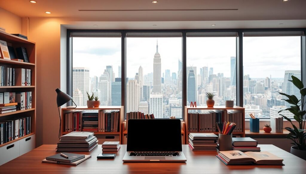 Vibrant workspace with career development resources. Sleek desk setup with laptop, books, and folders in the foreground. Behind, shelves lined with guidebooks, online courses, and professional mentoring materials. Warm, indirect lighting casts a soft glow. Minimalist, clean aesthetic with pops of color from desktop accessories. Large windows in the background offer a view of a bustling city skyline, symbolizing the vast opportunities available. Conveys a sense of focus, growth, and forward momentum on one's professional journey.
