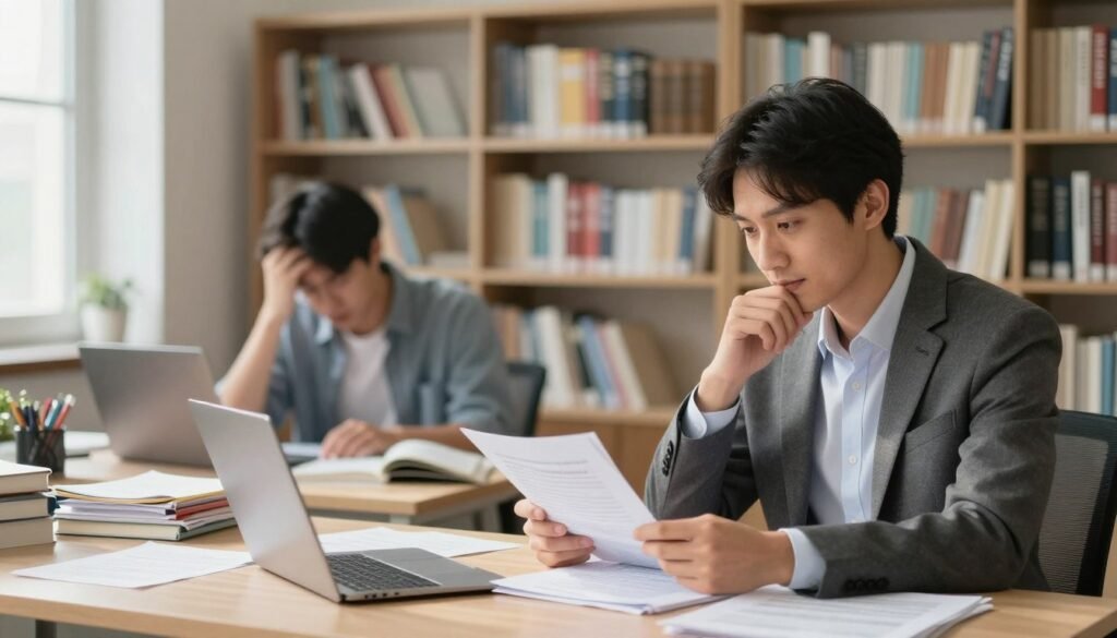 A balanced composition illustrating the advantages and disadvantages of Magoosh educational courses, featuring a split scene. In the foreground, a professional-looking individual in business attire is sitting at a desk, thoughtfully reviewing study materials, symbolizing the advantages with a light, optimistic atmosphere. In the middle ground, contrasting elements depict the disadvantages, such as a cluttered workspace, a frustrated learner, and scattered notes, evoking a sense of overwhelm. The background shows a well-organized library with books and resources, representing knowledge and support. Soft natural lighting from a nearby window casts gentle shadows, adding depth to the scene. The overall mood is contemplative and informative, aiming for clarity in a professional setting. A balanced composition illustrating the advantages and disadvantages of Magoosh educational courses, featuring a split scene. In the foreground, a professional-looking individual in business attire is sitting at a desk, thoughtfully reviewing study materials, symbolizing the advantages with a light, optimistic atmosphere. In the middle ground, contrasting elements depict the disadvantages, such as a cluttered workspace, a frustrated learner, and scattered notes, evoking a sense of overwhelm. The background shows a well-organized library with books and resources, representing knowledge and support. Soft natural lighting from a nearby window casts gentle shadows, adding depth to the scene. The overall mood is contemplative and informative, aiming for clarity in a professional setting.