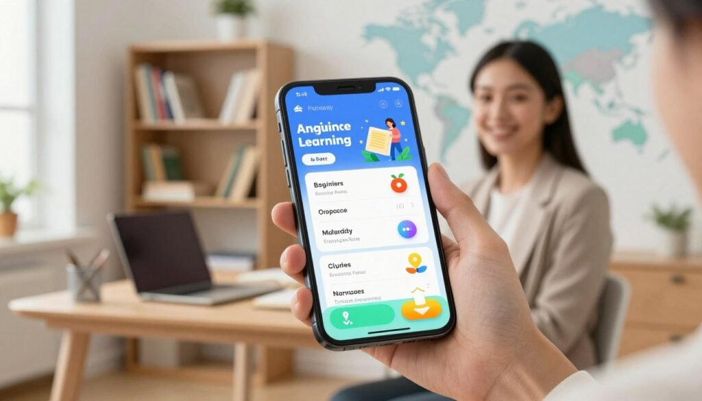 A beginner language learning app interface displayed on a sleek smartphone held by a young, professional woman dressed in smart casual attire. The app features colorful, engaging graphics showcasing vocabulary and interactive lessons. The foreground highlights the app's key elements with a tap animation on a bright button. In the middle, a cozy study environment is visible, with bookshelves filled with language books and a small desk with a laptop. The background showcases a world map on the wall, symbolizing global learning. Soft, natural lighting enters through a nearby window, creating a warm and inviting atmosphere. The image conveys a sense of curiosity and excitement about language learning, appealing to beginners eager to explore new languages. A beginner language learning app interface displayed on a sleek smartphone held by a young, professional woman dressed in smart casual attire. The app features colorful, engaging graphics showcasing vocabulary and interactive lessons. The foreground highlights the app's key elements with a tap animation on a bright button. In the middle, a cozy study environment is visible, with bookshelves filled with language books and a small desk with a laptop. The background showcases a world map on the wall, symbolizing global learning. Soft, natural lighting enters through a nearby window, creating a warm and inviting atmosphere. The image conveys a sense of curiosity and excitement about language learning, appealing to beginners eager to explore new languages.