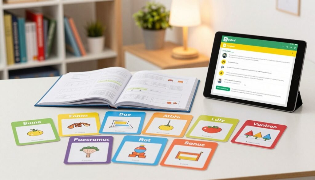 A bright and inviting image of various additional educational tools for language learning, prominently featuring colorful flashcards, language workbooks, and interactive tablet applications. In the foreground, a set of neatly arranged flashcards with vocabulary words and simple illustrations in multiple languages. The middle ground showcases an open workbook with engaging exercises and a digital tablet displaying the Babbel app interface. In the background, a cozy study space with a bookshelf filled with language-related books, a potted plant for a touch of green, and a warm desk lamp casting soft light, creating an atmosphere of productivity and enthusiasm for learning. The overall mood is inspiring and encouraging, emphasizing the joy of language acquisition. A bright and inviting image of various additional educational tools for language learning, prominently featuring colorful flashcards, language workbooks, and interactive tablet applications. In the foreground, a set of neatly arranged flashcards with vocabulary words and simple illustrations in multiple languages. The middle ground showcases an open workbook with engaging exercises and a digital tablet displaying the Babbel app interface. In the background, a cozy study space with a bookshelf filled with language-related books, a potted plant for a touch of green, and a warm desk lamp casting soft light, creating an atmosphere of productivity and enthusiasm for learning. The overall mood is inspiring and encouraging, emphasizing the joy of language acquisition.