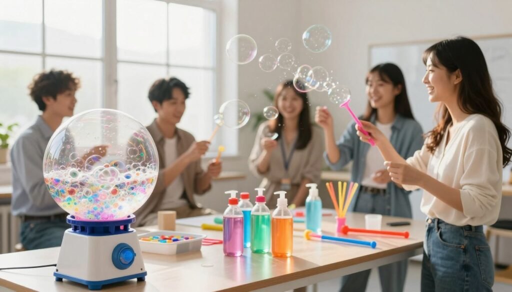 A bright and inviting workspace dedicated to the art of bubble-making. In the foreground, a stylish bubble machine bubbling with colorful soap bubbles, capturing light in mesmerizing patterns. The middle ground features an organized table with various bubble solution bottles of different colors and sizes, complemented by playful bubble wands. A few cheerful, professional individuals dressed in smart casual attire are engaged in the process of creating bubbles, highlighting a collaborative and fun atmosphere. The background showcases a sunlit room with large windows, allowing natural light to create a warm, uplifting ambiance. The scene conveys a sense of excitement and creativity, inviting viewers to immerse themselves in the joy of bubble-making. The overall composition is crisp, focusing on vibrant colors and soft, diffused lighting for an inviting effect. A bright and inviting workspace dedicated to the art of bubble-making. In the foreground, a stylish bubble machine bubbling with colorful soap bubbles, capturing light in mesmerizing patterns. The middle ground features an organized table with various bubble solution bottles of different colors and sizes, complemented by playful bubble wands. A few cheerful, professional individuals dressed in smart casual attire are engaged in the process of creating bubbles, highlighting a collaborative and fun atmosphere. The background showcases a sunlit room with large windows, allowing natural light to create a warm, uplifting ambiance. The scene conveys a sense of excitement and creativity, inviting viewers to immerse themselves in the joy of bubble-making. The overall composition is crisp, focusing on vibrant colors and soft, diffused lighting for an inviting effect.
