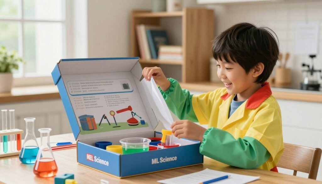 A bright, inviting scene of a young science enthusiast eagerly opening the first box of a MEL Science subscription kit. In the foreground, the child, wearing a colorful lab coat, smiles with excitement, surrounded by tools and materials for experiments. The middle layer features an open box revealing vibrant colors, bubbling liquids, and intriguing scientific instruments. The background showcases a cozy, well-lit kitchen or study filled with bookshelves stacked with science books and notes. Soft, natural lighting filters through a window, creating a warm and inspirational atmosphere. The image should convey a sense of curiosity and anticipation, emphasizing a friendly, educational exploration of science. A bright, inviting scene of a young science enthusiast eagerly opening the first box of a MEL Science subscription kit. In the foreground, the child, wearing a colorful lab coat, smiles with excitement, surrounded by tools and materials for experiments. The middle layer features an open box revealing vibrant colors, bubbling liquids, and intriguing scientific instruments. The background showcases a cozy, well-lit kitchen or study filled with bookshelves stacked with science books and notes. Soft, natural lighting filters through a window, creating a warm and inspirational atmosphere. The image should convey a sense of curiosity and anticipation, emphasizing a friendly, educational exploration of science.