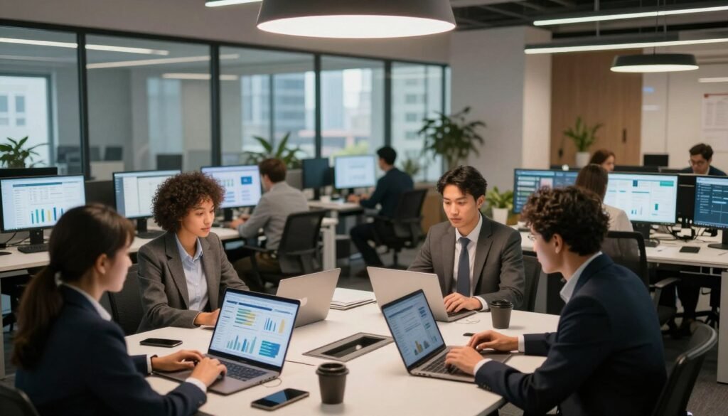 A bustling sales hub interior, showcasing a modern office environment. In the foreground, a team of diverse professionals in business attire, collaborating around a large conference table filled with laptops and digital charts. The middle section features sleek workstations with monitors displaying sales analytics and customer data. Through large glass windows in the background, cityscape views enhance the contemporary atmosphere. Soft, warm lighting from overhead fixtures creates an inviting ambiance, emphasizing productivity and teamwork. The scene captures a moment of dynamic interaction, conveying energy and focus on achieving sales growth. The overall mood is professional and inspiring, symbolizing success and innovation in sales management. A bustling sales hub interior, showcasing a modern office environment. In the foreground, a team of diverse professionals in business attire, collaborating around a large conference table filled with laptops and digital charts. The middle section features sleek workstations with monitors displaying sales analytics and customer data. Through large glass windows in the background, cityscape views enhance the contemporary atmosphere. Soft, warm lighting from overhead fixtures creates an inviting ambiance, emphasizing productivity and teamwork. The scene captures a moment of dynamic interaction, conveying energy and focus on achieving sales growth. The overall mood is professional and inspiring, symbolizing success and innovation in sales management.