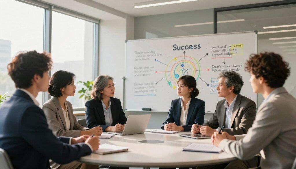 A cinematic quality image depicting a serene and inspiring scene centered on personal growth lessons. In the foreground, a diverse group of individuals dressed in professional business attire, deep in discussion, conveying collaboration and motivation. The middle ground features a large whiteboard filled with colorful diagrams and quotes about self-improvement and success, symbolizing knowledge sharing. The background shows a modern, well-lit classroom setting with large windows allowing natural sunlight to illuminate the space, creating an uplifting atmosphere. Use warm lighting to enhance the feeling of positivity and growth. The composition should be captured from a low angle to emphasize the engagement among the participants. A cinematic quality image depicting a serene and inspiring scene centered on personal growth lessons. In the foreground, a diverse group of individuals dressed in professional business attire, deep in discussion, conveying collaboration and motivation. The middle ground features a large whiteboard filled with colorful diagrams and quotes about self-improvement and success, symbolizing knowledge sharing. The background shows a modern, well-lit classroom setting with large windows allowing natural sunlight to illuminate the space, creating an uplifting atmosphere. Use warm lighting to enhance the feeling of positivity and growth. The composition should be captured from a low angle to emphasize the engagement among the participants.