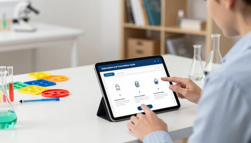 A clean and organized workspace featuring a modern digital interface illustrating a subscription guide. In the foreground, a professional-looking individual, dressed in smart casual attire, is thoughtfully interacting with a tablet, displaying the "Subscription and Cancellation Guide" section. The middle ground showcases a sleek desk with scientific tools, colorful experiment kits, and infographics depicting steps to subscribe and unsubscribe effectively. The background is softly blurred, featuring a bookshelf filled with various science-related texts and items, creating a scholarly atmosphere. The lighting is bright, suggesting a positive and informative mood, with a focus on clarity and guidance. The composition emphasizes innovation and accessibility within the realm of interactive scientific experiments. A clean and organized workspace featuring a modern digital interface illustrating a subscription guide. In the foreground, a professional-looking individual, dressed in smart casual attire, is thoughtfully interacting with a tablet, displaying the "Subscription and Cancellation Guide" section. The middle ground showcases a sleek desk with scientific tools, colorful experiment kits, and infographics depicting steps to subscribe and unsubscribe effectively. The background is softly blurred, featuring a bookshelf filled with various science-related texts and items, creating a scholarly atmosphere. The lighting is bright, suggesting a positive and informative mood, with a focus on clarity and guidance. The composition emphasizes innovation and accessibility within the realm of interactive scientific experiments.