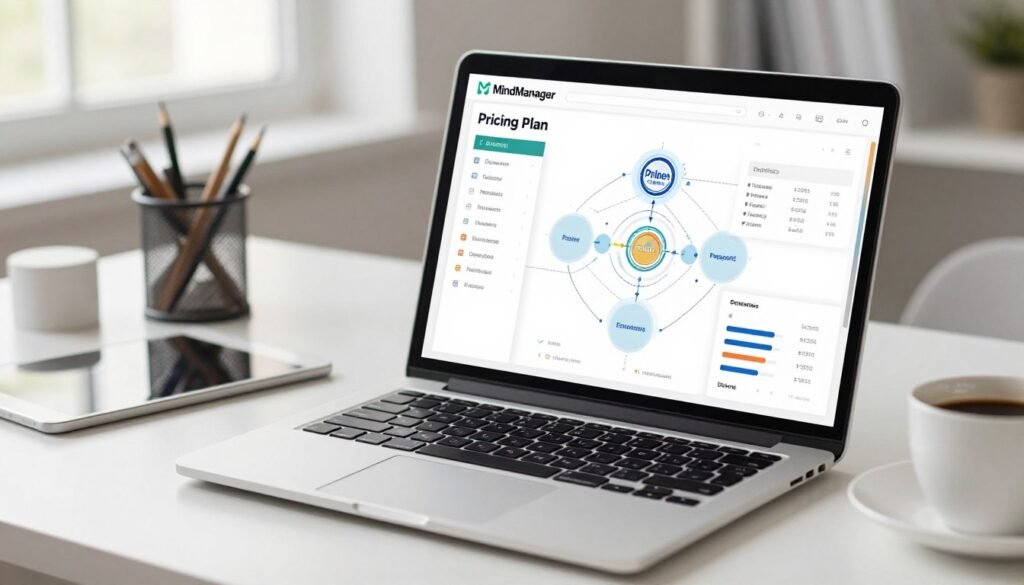 A clean and professional workspace showcasing a detailed pricing plan for MindManager, featuring an elegant mind map illustration with various pricing tiers, benefits, and features clearly outlined. In the foreground, include a laptop displaying the MindManager software interface, with charts and graphs to represent pricing strategies. The middle ground features an organized desk with stationery, a tablet, and a cup of coffee, conveying a productive atmosphere. The background has soft, natural lighting from a window, enhancing the clarity of the scene. Focus on a modern office environment to evoke professionalism and efficiency, with a slight blur in the background to keep attention on the pricing plan. Aim for a bright, engaging ambiance that encourages decision-making and analysis. A clean and professional workspace showcasing a detailed pricing plan for MindManager, featuring an elegant mind map illustration with various pricing tiers, benefits, and features clearly outlined. In the foreground, include a laptop displaying the MindManager software interface, with charts and graphs to represent pricing strategies. The middle ground features an organized desk with stationery, a tablet, and a cup of coffee, conveying a productive atmosphere. The background has soft, natural lighting from a window, enhancing the clarity of the scene. Focus on a modern office environment to evoke professionalism and efficiency, with a slight blur in the background to keep attention on the pricing plan. Aim for a bright, engaging ambiance that encourages decision-making and analysis.