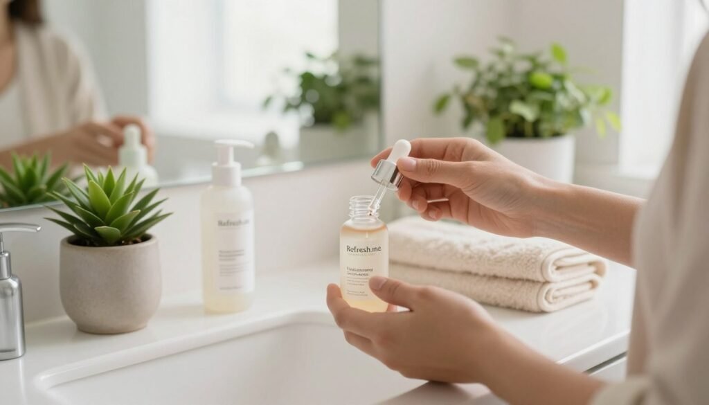 A clean, well-lit bathroom countertop showcasing an array of skincare products, focusing on a bottle of Refresh.me hydrating serum. In the foreground, a person with relatable, modest casual attire gently applies the serum to their skin, demonstrating the application technique. The middle layer features the serum bottle, surrounded by fresh green plants and soft, fluffy towels, enhancing the calming atmosphere. The background has a softly blurred mirror reflecting natural light, creating a serene and inviting mood. The overall composition should evoke a sense of tranquility and self-care, highlighting the importance of proper product application for maximum effect. A clean, well-lit bathroom countertop showcasing an array of skincare products, focusing on a bottle of Refresh.me hydrating serum. In the foreground, a person with relatable, modest casual attire gently applies the serum to their skin, demonstrating the application technique. The middle layer features the serum bottle, surrounded by fresh green plants and soft, fluffy towels, enhancing the calming atmosphere. The background has a softly blurred mirror reflecting natural light, creating a serene and inviting mood. The overall composition should evoke a sense of tranquility and self-care, highlighting the importance of proper product application for maximum effect.