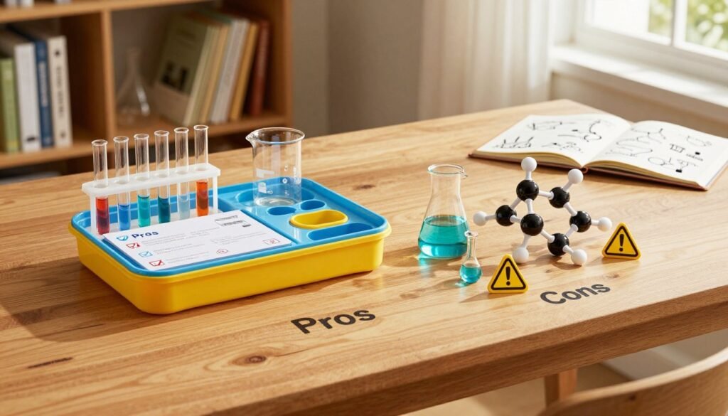 A colorful science kit displayed on a wooden table, showcasing a variety of experiment tools, such as test tubes, beakers, and a molecular model. On one side, a well-organized array of kits labeled "Pros" with checkmarks, and on the other side, a more chaotic arrangement labeled "Cons" with caution symbols, highlighting advantages and disadvantages. Soft, natural lighting from a nearby window creates a warm ambiance, casting gentle shadows. In the background, shelves lined with books about science and an open notebook with sketches of experiments. The environment should evoke curiosity and excitement for learning. The angle should capture the table from a slightly elevated viewpoint, focusing on the details of the kit and the contrasting organization of pros and cons. A colorful science kit displayed on a wooden table, showcasing a variety of experiment tools, such as test tubes, beakers, and a molecular model. On one side, a well-organized array of kits labeled "Pros" with checkmarks, and on the other side, a more chaotic arrangement labeled "Cons" with caution symbols, highlighting advantages and disadvantages. Soft, natural lighting from a nearby window creates a warm ambiance, casting gentle shadows. In the background, shelves lined with books about science and an open notebook with sketches of experiments. The environment should evoke curiosity and excitement for learning. The angle should capture the table from a slightly elevated viewpoint, focusing on the details of the kit and the contrasting organization of pros and cons.