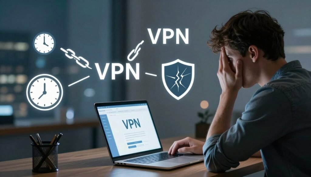 A conceptual digital illustration representing the drawbacks of VPN services. In the foreground, a person sitting at a desk with a laptop displaying a VPN interface, looking perplexed. The middle ground features an array of visual symbols that illustrate common VPN issues, such as a slow connection (represented by a small clock), connectivity problems (broken chain links), and security flaws (a shield with cracks). The background is a blurred cityscape, symbolizing digital surveillance. The lighting is soft but somewhat dim, creating an atmosphere of concern and contemplation. Use a slightly angled perspective to emphasize the subject's expression and the complexity of the VPN's potential issues, evoking a feeling of awareness about the limitations of digital privacy tools. A conceptual digital illustration representing the drawbacks of VPN services. In the foreground, a person sitting at a desk with a laptop displaying a VPN interface, looking perplexed. The middle ground features an array of visual symbols that illustrate common VPN issues, such as a slow connection (represented by a small clock), connectivity problems (broken chain links), and security flaws (a shield with cracks). The background is a blurred cityscape, symbolizing digital surveillance. The lighting is soft but somewhat dim, creating an atmosphere of concern and contemplation. Use a slightly angled perspective to emphasize the subject's expression and the complexity of the VPN's potential issues, evoking a feeling of awareness about the limitations of digital privacy tools.