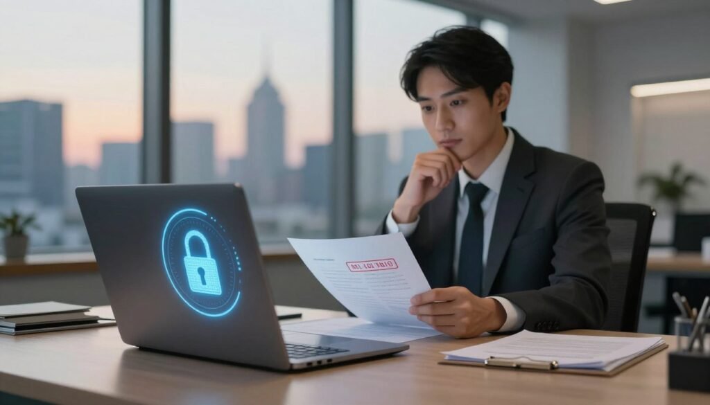 A conceptual representation of privacy credentials emphasizing a no-logs policy, set in a professional office environment. In the foreground, a sleek, modern laptop displaying a digital lock icon symbolizing security. The middle ground features a confident individual in professional business attire, seated at a desk with a thoughtful expression, reviewing documents marked with a confidential stamp. The background exhibits a serene window view of a city skyline at dusk, bathed in soft, warm lighting. The image conveys a sense of trust and safety, with a slightly blurred effect on the background to focus attention on the foreground elements. Capture the atmosphere of professionalism and security. A conceptual representation of privacy credentials emphasizing a no-logs policy, set in a professional office environment. In the foreground, a sleek, modern laptop displaying a digital lock icon symbolizing security. The middle ground features a confident individual in professional business attire, seated at a desk with a thoughtful expression, reviewing documents marked with a confidential stamp. The background exhibits a serene window view of a city skyline at dusk, bathed in soft, warm lighting. The image conveys a sense of trust and safety, with a slightly blurred effect on the background to focus attention on the foreground elements. Capture the atmosphere of professionalism and security.