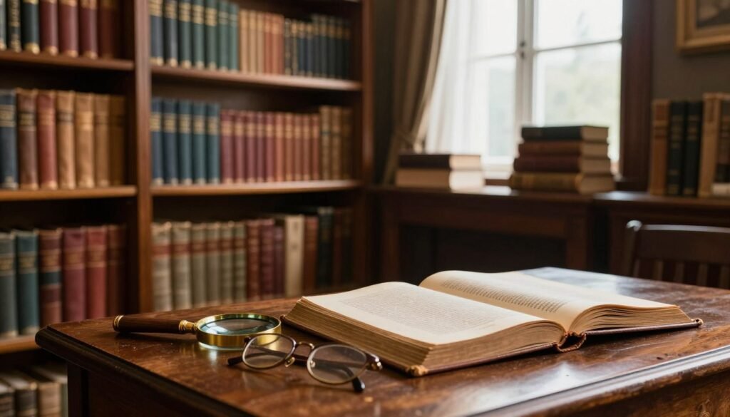 A cozy library room filled with rare books and curated collections, featuring polished wooden shelves overflowing with elegant leather-bound volumes and historical texts. In the foreground, a vintage oak table is adorned with a magnifying glass, a pair of reading glasses, and an open, antique book with golden gilt edges, inviting readers to explore its pages. The middle ground showcases well-organized shelves displaying unique titles, some slightly dusted, creating an old-world charm. Soft, warm lighting bathes the scene, emphasizing the rich textures of the books and wood. In the background, a large window with sheer curtains allows natural light to filter in, adding a tranquil ambience. The atmosphere evokes a sense of nostalgia and appreciation for literary treasures, ideal for those passionate about rare collections. A cozy library room filled with rare books and curated collections, featuring polished wooden shelves overflowing with elegant leather-bound volumes and historical texts. In the foreground, a vintage oak table is adorned with a magnifying glass, a pair of reading glasses, and an open, antique book with golden gilt edges, inviting readers to explore its pages. The middle ground showcases well-organized shelves displaying unique titles, some slightly dusted, creating an old-world charm. Soft, warm lighting bathes the scene, emphasizing the rich textures of the books and wood. In the background, a large window with sheer curtains allows natural light to filter in, adding a tranquil ambience. The atmosphere evokes a sense of nostalgia and appreciation for literary treasures, ideal for those passionate about rare collections.