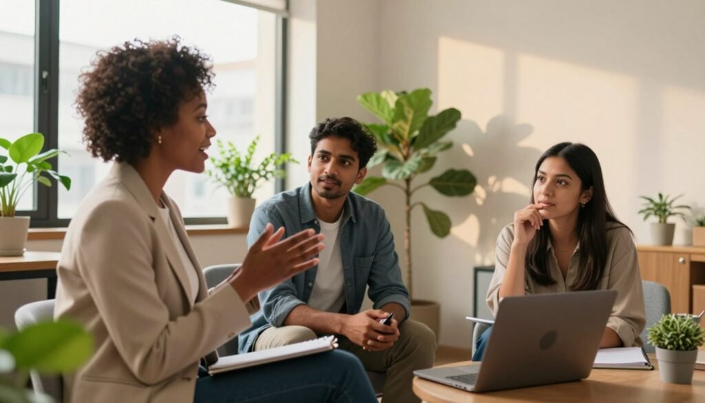 A cozy, modern office space decorated with plants, showcasing a group of three diverse individuals engaged in an animated discussion. In the foreground, a Black woman in professional business attire shares her thoughts enthusiastically, while a South Asian man in smart casual wear listens attentively. To the right, a Hispanic woman with a laptop is taking notes, her expression focused and inspired. In the background, large windows let in warm, natural light, illuminating the scene and creating an inviting atmosphere. Soft shadows are cast on the walls, emphasizing the collaborative vibe. The overall mood is uplifting and motivating, capturing the essence of personal growth and positive feedback from users of online courses. A cozy, modern office space decorated with plants, showcasing a group of three diverse individuals engaged in an animated discussion. In the foreground, a Black woman in professional business attire shares her thoughts enthusiastically, while a South Asian man in smart casual wear listens attentively. To the right, a Hispanic woman with a laptop is taking notes, her expression focused and inspired. In the background, large windows let in warm, natural light, illuminating the scene and creating an inviting atmosphere. Soft shadows are cast on the walls, emphasizing the collaborative vibe. The overall mood is uplifting and motivating, capturing the essence of personal growth and positive feedback from users of online courses.