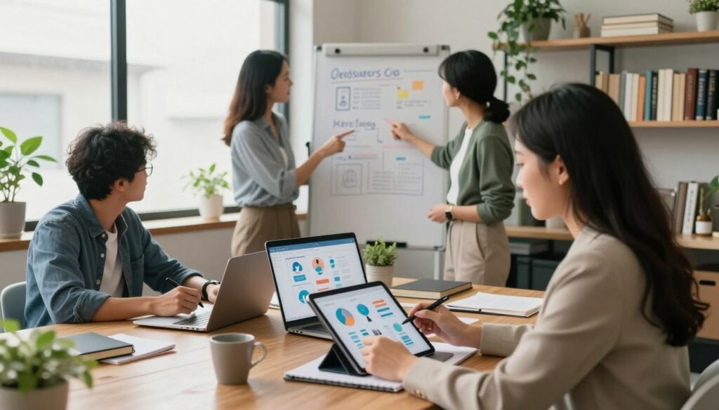 A cozy, modern workspace featuring a diverse group of professionals engaged in a brainstorming session about dropshipping. In the foreground, a focused woman in a smart blazer is analyzing user personas on a tablet. Next to her, a man in a casual shirt and glasses is taking notes, while another woman in business attire points to a whiteboard filled with user demographics and market trends. The middle ground shows a bright laptop displaying the Spocket interface. The background reveals large windows with soft, natural light pouring in, plants for a touch of greenery, and shelves lined with business books. The atmosphere is collaborative and inspiring, conveying a sense of purpose and strategy in online retail. A cozy, modern workspace featuring a diverse group of professionals engaged in a brainstorming session about dropshipping. In the foreground, a focused woman in a smart blazer is analyzing user personas on a tablet. Next to her, a man in a casual shirt and glasses is taking notes, while another woman in business attire points to a whiteboard filled with user demographics and market trends. The middle ground shows a bright laptop displaying the Spocket interface. The background reveals large windows with soft, natural light pouring in, plants for a touch of greenery, and shelves lined with business books. The atmosphere is collaborative and inspiring, conveying a sense of purpose and strategy in online retail.
