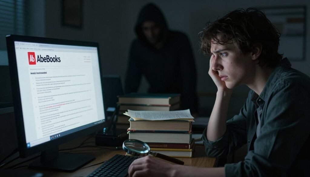 A dark and moody illustration depicting the risks and common problems associated with buying used and rare books online, particularly focusing on AbeBooks. In the foreground, a worried person examining a stack of misleading book listings on a computer screen, their expression reflecting anxiety. The middle ground features a cluttered desk strewn with questionable book condition reports and a magnifying glass emphasizing flaws in the books. In the background, a shadowy figure representing sellers with dubious intentions lurks, casting a sense of unease. Soft, diffused lighting creates a dramatic atmosphere with deep shadows, while a slightly blurred depth of field draws attention to the concerned individual. The overall mood conveys the inherent uncertainties of online book purchasing. A dark and moody illustration depicting the risks and common problems associated with buying used and rare books online, particularly focusing on AbeBooks. In the foreground, a worried person examining a stack of misleading book listings on a computer screen, their expression reflecting anxiety. The middle ground features a cluttered desk strewn with questionable book condition reports and a magnifying glass emphasizing flaws in the books. In the background, a shadowy figure representing sellers with dubious intentions lurks, casting a sense of unease. Soft, diffused lighting creates a dramatic atmosphere with deep shadows, while a slightly blurred depth of field draws attention to the concerned individual. The overall mood conveys the inherent uncertainties of online book purchasing.