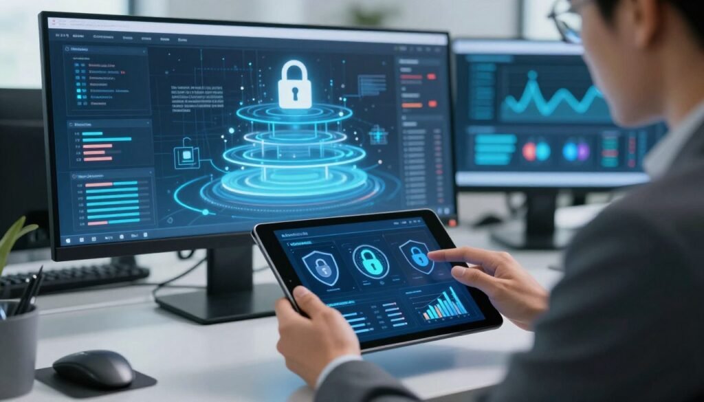 A detailed analysis of security features in web hosting presented visually. In the foreground, a professional figure in business attire examines a digital tablet displaying various security metrics and icons, such as shields, locks, and charts. In the middle ground, a futuristic digital interface illustrates layered security elements like firewalls and encryption. The background features a sleek, modern office with screens showing data analysis graphs and security protocols. Employ soft, diffused lighting to convey a sense of professionalism and trust. Use a shallow depth of field to focus on the subject's engagement with the tablet, emphasizing the importance of security in web hosting. The overall mood is one of diligence and technological advancement, reflecting the critical nature of web security. A detailed analysis of security features in web hosting presented visually. In the foreground, a professional figure in business attire examines a digital tablet displaying various security metrics and icons, such as shields, locks, and charts. In the middle ground, a futuristic digital interface illustrates layered security elements like firewalls and encryption. The background features a sleek, modern office with screens showing data analysis graphs and security protocols. Employ soft, diffused lighting to convey a sense of professionalism and trust. Use a shallow depth of field to focus on the subject's engagement with the tablet, emphasizing the importance of security in web hosting. The overall mood is one of diligence and technological advancement, reflecting the critical nature of web security.