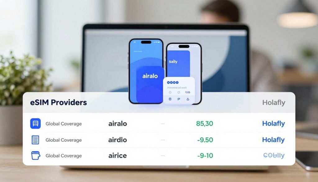 A detailed and professional comparison chart showcasing eSIM providers: Saily, Airalo, and Holafly. In the foreground, depict the comparison chart with clear sections for each provider, including icons representing features like global coverage, pricing, and customer support. The middle layer should include stylized graphics of smartphones showcasing usage with eSIM technology. In the background, create a blurred office environment, suggesting a tech-savvy workspace. Use soft, diffused lighting to convey a modern, professional atmosphere, with a slightly lower angle to enhance depth. The mood should be informative and engaging, focused on clarity and usability, suitable for a tech article. Ensure there are no captions or text overlays. A detailed and professional comparison chart showcasing eSIM providers: Saily, Airalo, and Holafly. In the foreground, depict the comparison chart with clear sections for each provider, including icons representing features like global coverage, pricing, and customer support. The middle layer should include stylized graphics of smartphones showcasing usage with eSIM technology. In the background, create a blurred office environment, suggesting a tech-savvy workspace. Use soft, diffused lighting to convey a modern, professional atmosphere, with a slightly lower angle to enhance depth. The mood should be informative and engaging, focused on clarity and usability, suitable for a tech article. Ensure there are no captions or text overlays.