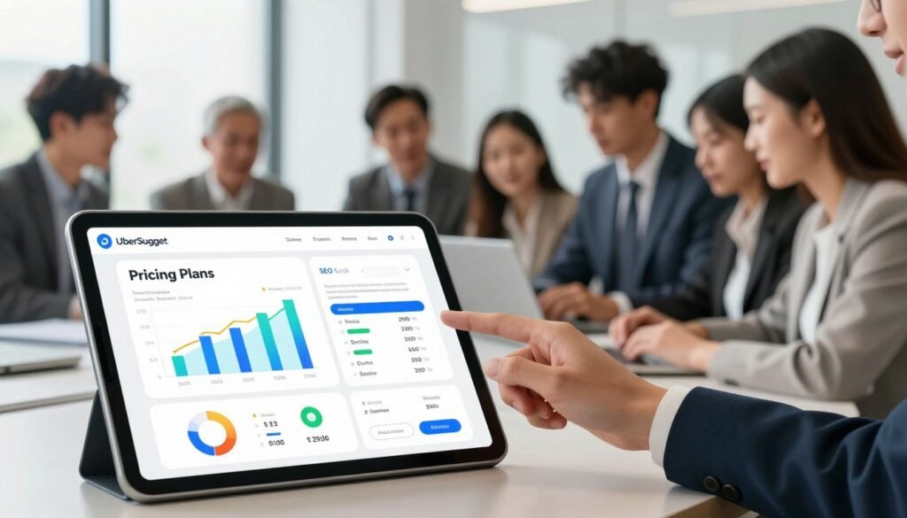 A detailed and visually engaging digital illustration depicting the pricing plans for an SEO tool, UberSuggest. In the foreground, display a professional-looking tablet showing a user interface with colorful graphs, charts, and pricing tiers, symbolizing value for money. In the middle ground, include a diverse group of business professionals in business attire, analyzing data and discussing strategies, portraying a collaborative environment. The background should feature a modern office space with large windows, letting in natural light, creating an uplifting and focused atmosphere. Use a soft focus on the background to emphasize the professionals and tablet in the foreground. The overall mood should convey innovation, productivity, and the importance of smart investments in digital tools. A detailed and visually engaging digital illustration depicting the pricing plans for an SEO tool, UberSuggest. In the foreground, display a professional-looking tablet showing a user interface with colorful graphs, charts, and pricing tiers, symbolizing value for money. In the middle ground, include a diverse group of business professionals in business attire, analyzing data and discussing strategies, portraying a collaborative environment. The background should feature a modern office space with large windows, letting in natural light, creating an uplifting and focused atmosphere. Use a soft focus on the background to emphasize the professionals and tablet in the foreground. The overall mood should convey innovation, productivity, and the importance of smart investments in digital tools.