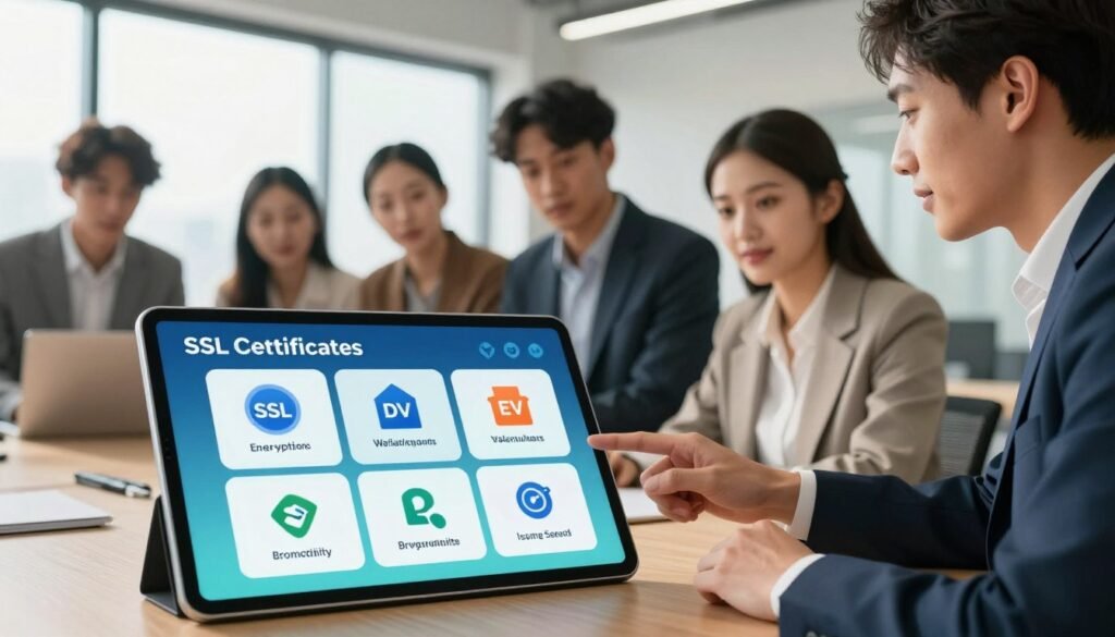 A detailed comparison chart visualizing key features of SSL certificates. In the foreground, a large tablet displays a vibrant infographic with icons representing various SSL features: encryption strength, validation types (DV, OV, EV), warranty amounts, browser compatibility, and issuance speed. In the middle ground, a diverse group of professionals, dressed in business attire, analyze the chart, their expressions focused and engaged. The background shows a modern office environment with a large window allowing natural light to illuminate the scene, casting soft shadows. The overall atmosphere conveys a sense of professionalism and clarity, highlighting the importance of making informed decisions when purchasing SSL certificates. A detailed comparison chart visualizing key features of SSL certificates. In the foreground, a large tablet displays a vibrant infographic with icons representing various SSL features: encryption strength, validation types (DV, OV, EV), warranty amounts, browser compatibility, and issuance speed. In the middle ground, a diverse group of professionals, dressed in business attire, analyze the chart, their expressions focused and engaged. The background shows a modern office environment with a large window allowing natural light to illuminate the scene, casting soft shadows. The overall atmosphere conveys a sense of professionalism and clarity, highlighting the importance of making informed decisions when purchasing SSL certificates.