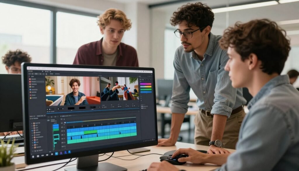A detailed illustration depicting the video editing workflow from upload to export. In the foreground, a computer screen shows the VEED editing interface with vibrant clips, transitions, and audio tracks arranged. In the middle ground, a diverse team of professionals, dressed in business casual attire, collaborates around the computer, with focused expressions and gestures indicating discussion. In the background, a bright, modern office space with large windows allows natural light to stream in, creating an energetic atmosphere. The camera angle captures the team's engagement as they work on the video project, highlighting the step-by-step process of video editing. The mood is dynamic and productive, showcasing the seamless transition from uploading a video to preparing it for export in a visual narrative that captures creativity and teamwork. A detailed illustration depicting the video editing workflow from upload to export. In the foreground, a computer screen shows the VEED editing interface with vibrant clips, transitions, and audio tracks arranged. In the middle ground, a diverse team of professionals, dressed in business casual attire, collaborates around the computer, with focused expressions and gestures indicating discussion. In the background, a bright, modern office space with large windows allows natural light to stream in, creating an energetic atmosphere. The camera angle captures the team's engagement as they work on the video project, highlighting the step-by-step process of video editing. The mood is dynamic and productive, showcasing the seamless transition from uploading a video to preparing it for export in a visual narrative that captures creativity and teamwork.