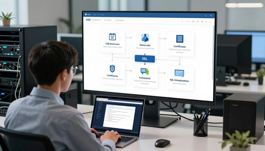 A detailed overview of SSL certificate installation is depicted in a clean, modern office setting. In the foreground, a professional IT technician in business attire is seated at a desk, focused on a laptop displaying code and SSL certificate details. The middle ground features a large interactive screen showcasing step-by-step graphics of the SSL installation process, illustrating various stages such as CSR generation, certificate approval, and installation on a web server. In the background, soft lighting enhances a high-tech environment filled with servers and tech paraphernalia. The atmosphere is dynamic yet informative, conveying a sense of expertise and professionalism. The image is captured from a slightly elevated angle, providing a comprehensive view of the technician's workspace and the screens involved in the SSL installation process. A detailed overview of SSL certificate installation is depicted in a clean, modern office setting. In the foreground, a professional IT technician in business attire is seated at a desk, focused on a laptop displaying code and SSL certificate details. The middle ground features a large interactive screen showcasing step-by-step graphics of the SSL installation process, illustrating various stages such as CSR generation, certificate approval, and installation on a web server. In the background, soft lighting enhances a high-tech environment filled with servers and tech paraphernalia. The atmosphere is dynamic yet informative, conveying a sense of expertise and professionalism. The image is captured from a slightly elevated angle, providing a comprehensive view of the technician's workspace and the screens involved in the SSL installation process.