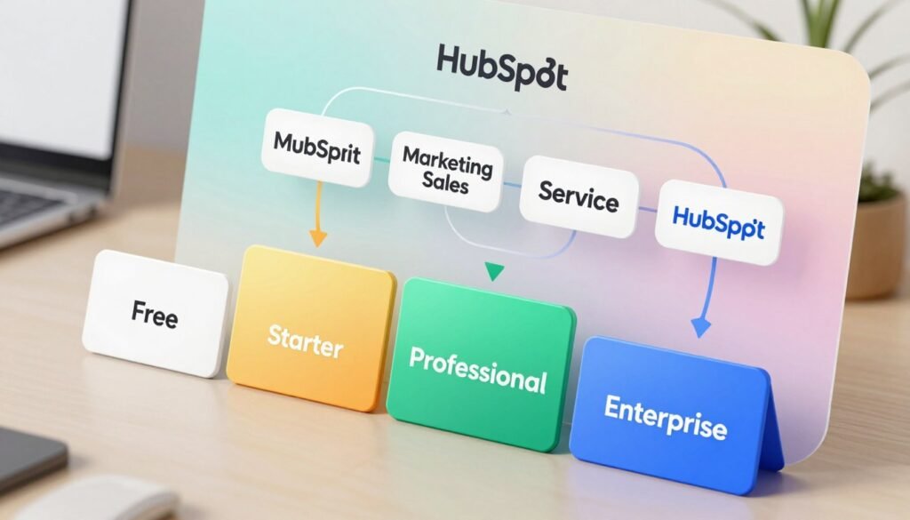 A detailed visualization of HubSpot's pricing plans and cost structure. In the foreground, display illustrated tiers of pricing plans represented as sleek, modern cards, each with unique colors that indicate different levels—free, starter, professional, and enterprise. In the middle, create a visual flowchart connecting these tiers to various HubSpot hubs: Marketing, Sales, Service, and CMS, using fluid arrows. The background should feature a subtle gradient of HubSpot's brand colors to enhance corporate identity. Aim for a professional atmosphere, with soft lighting reminiscent of a modern office. Capture this from a slightly elevated angle to provide a comprehensive view while maintaining clarity and visual appeal. The overall mood should convey clarity, professionalism, and organization, ideal for making the pricing structure easy to understand. A detailed visualization of HubSpot's pricing plans and cost structure. In the foreground, display illustrated tiers of pricing plans represented as sleek, modern cards, each with unique colors that indicate different levels—free, starter, professional, and enterprise. In the middle, create a visual flowchart connecting these tiers to various HubSpot hubs: Marketing, Sales, Service, and CMS, using fluid arrows. The background should feature a subtle gradient of HubSpot's brand colors to enhance corporate identity. Aim for a professional atmosphere, with soft lighting reminiscent of a modern office. Capture this from a slightly elevated angle to provide a comprehensive view while maintaining clarity and visual appeal. The overall mood should convey clarity, professionalism, and organization, ideal for making the pricing structure easy to understand.