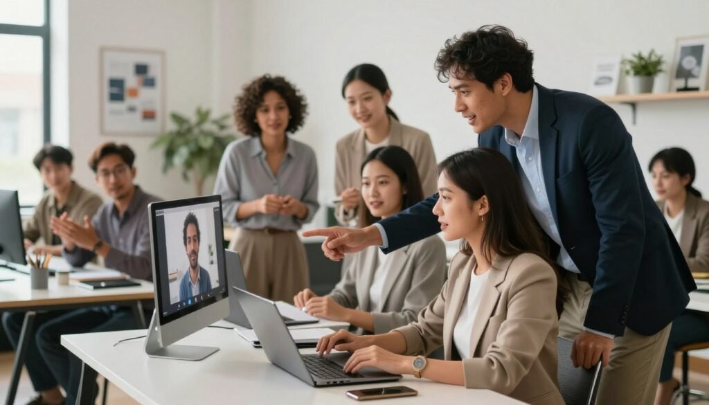 A diverse group of professionals engaged in an interactive online learning environment, with a warm and inviting atmosphere. In the foreground, a woman in a smart casual outfit is sitting at a sleek desk, using a laptop, while a man in professional attire stands beside her, pointing at the screen with enthusiasm. In the middle ground, other individuals of varying ages and ethnicities are illuminated by soft, natural lighting, engaged in conversation and collaboration. The background features a modern, minimalist workspace with motivational posters and plants. The overall mood is one of inspiration and growth, showcasing a community focused on personal development and success through online education. Use a wide-angle lens to capture the excitement and connection. A diverse group of professionals engaged in an interactive online learning environment, with a warm and inviting atmosphere. In the foreground, a woman in a smart casual outfit is sitting at a sleek desk, using a laptop, while a man in professional attire stands beside her, pointing at the screen with enthusiasm. In the middle ground, other individuals of varying ages and ethnicities are illuminated by soft, natural lighting, engaged in conversation and collaboration. The background features a modern, minimalist workspace with motivational posters and plants. The overall mood is one of inspiration and growth, showcasing a community focused on personal development and success through online education. Use a wide-angle lens to capture the excitement and connection.